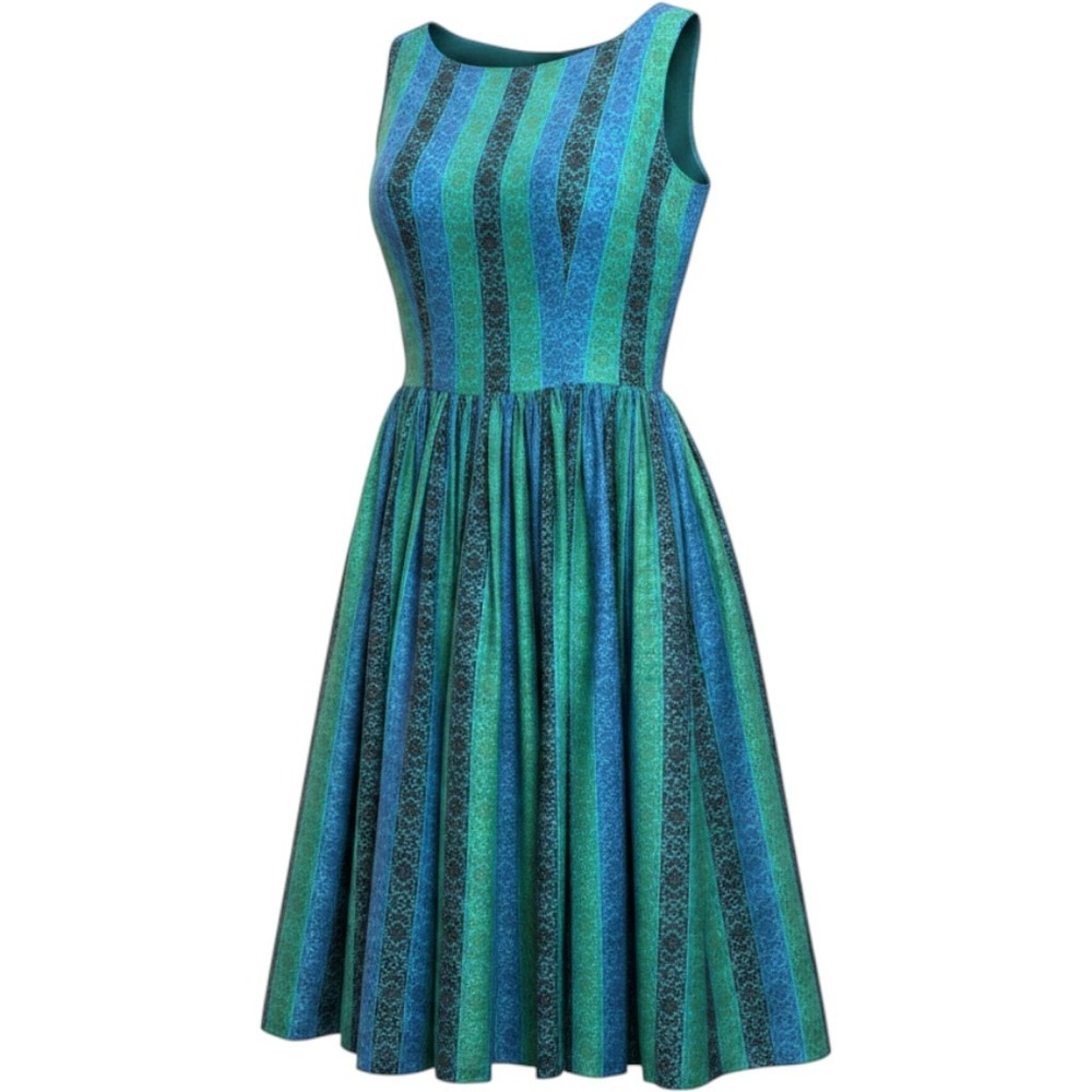 Vtg Handmade McCalls 4431 Fit Flare Party Dress Blue Green Striped Sz 14 Bust 34